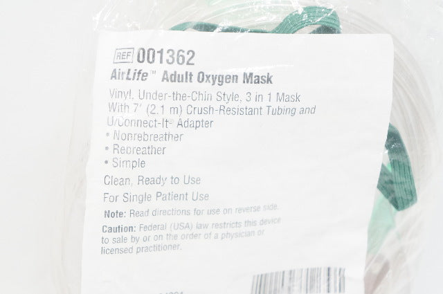 CareFusion 001362 AirLife Adult Oxygen Mask Vinyl, w/7Ft. Crush-Resistant Tubing