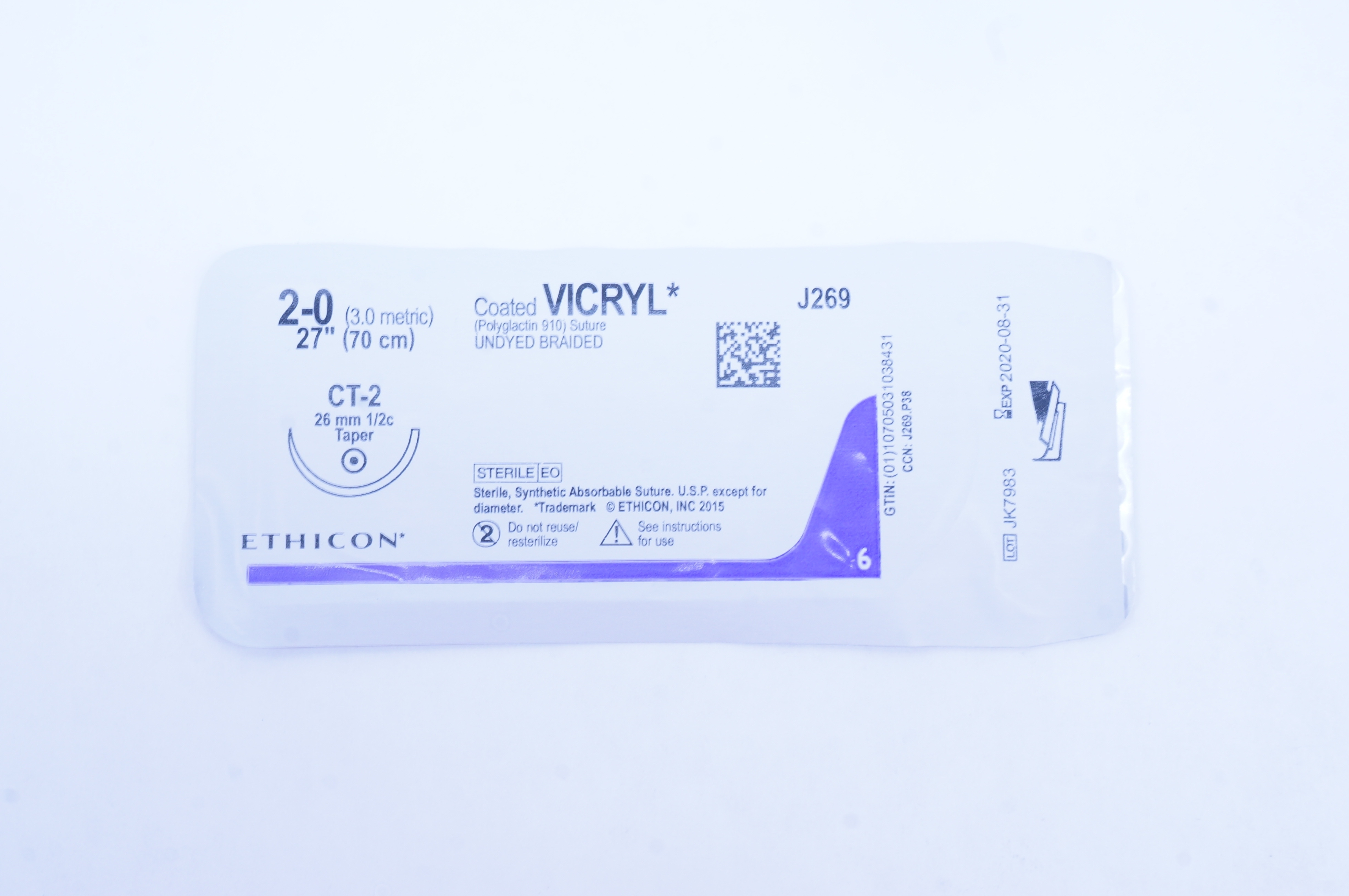 Ethicon J269 2-0 Coated VICRYL Stre CT-2 26mm 1/2c Taper, 27 inch (x)