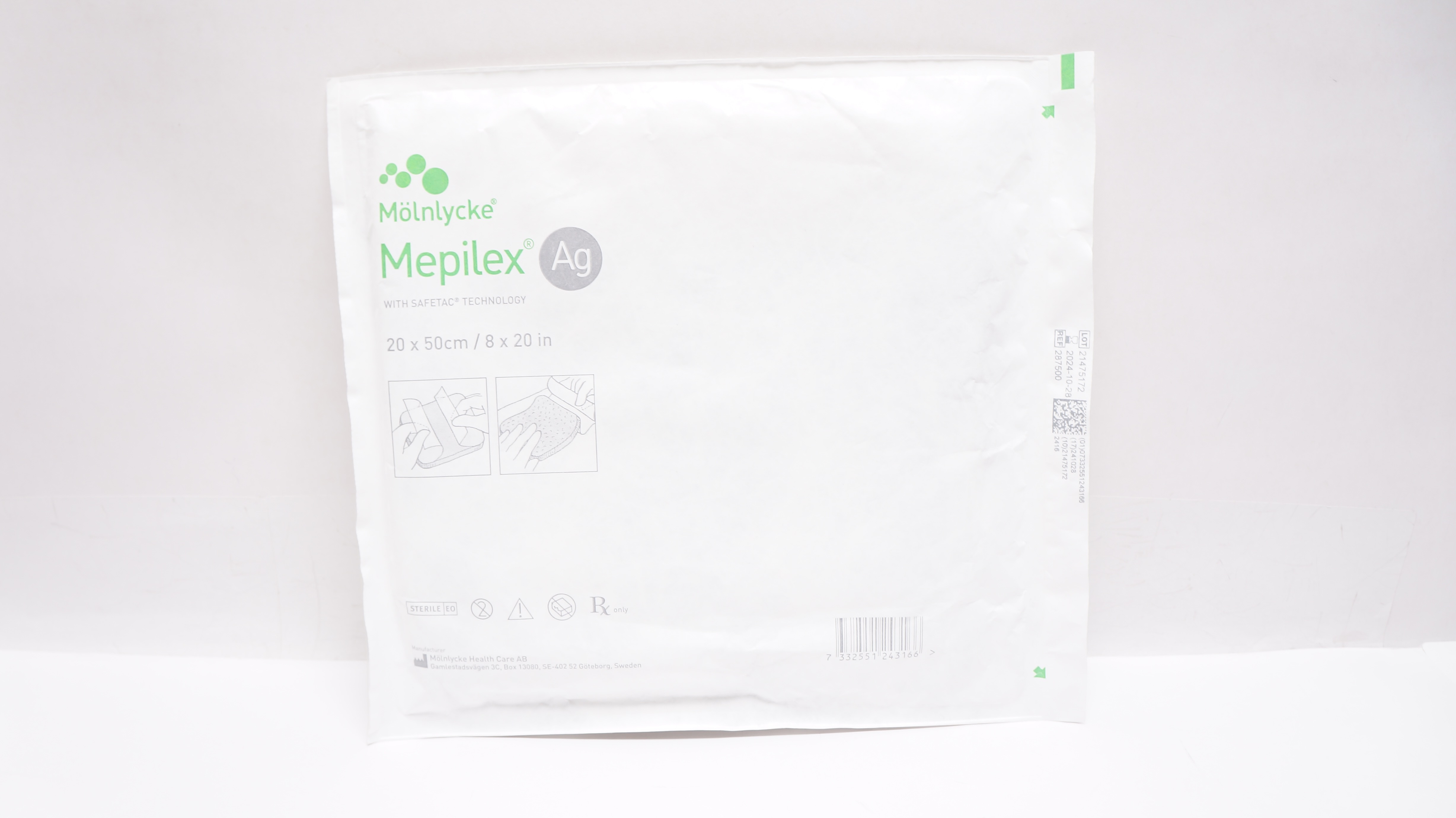Molnlycke 287500 Mepilex Ag Antimicrobial Foam Dressing 8inch x 20 inch