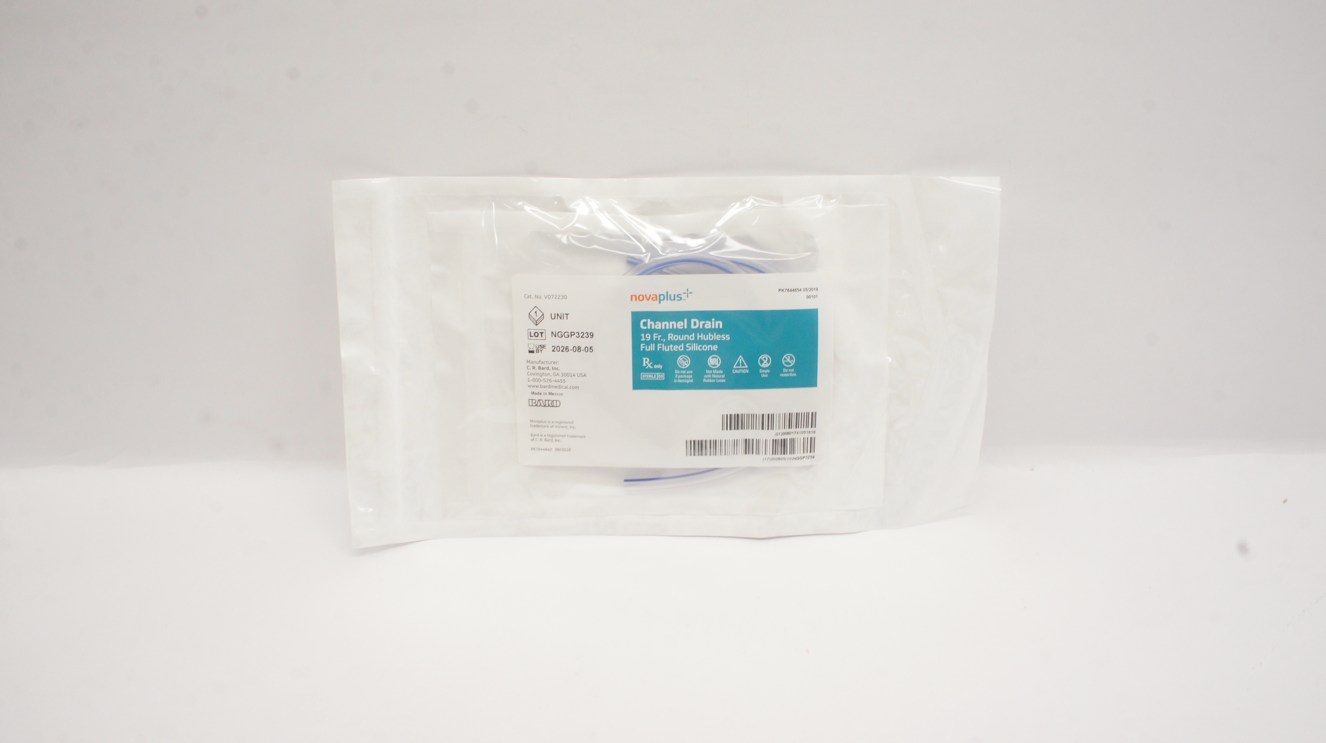 Bard V072230 Novaplus Channel Drain 19Fr. Round Hubless Full Fluted Silicone